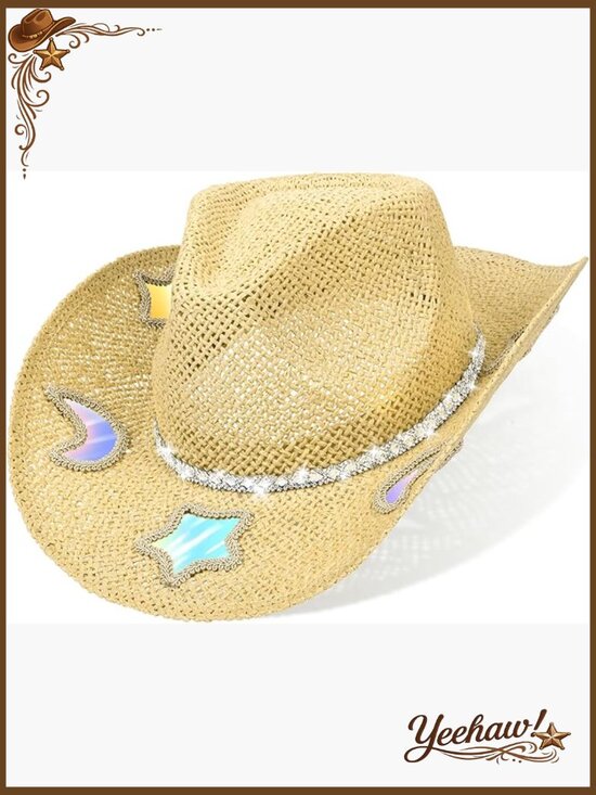 Straw Western Cowgirl Hat with Star Moon Patches, One Size main image 7